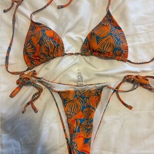 SHEIN Orange & Teal Floral Tie String Bikini